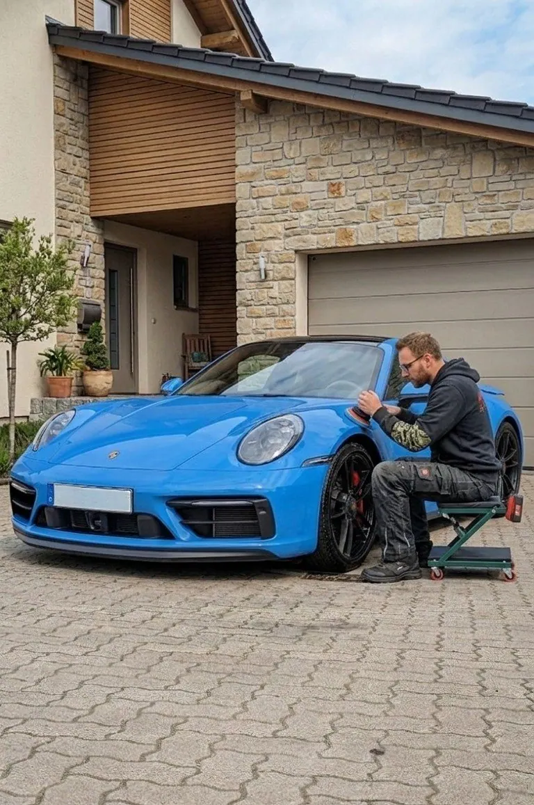 Schwarzes Auto mit geöffneten Türen und Kofferraum während der mobilen Fahrzeugaufbereitung